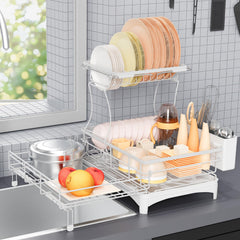 Gtyasm Extendable 2 Tier Dish Drying Rack Drainboard Cutlery Holder White Large