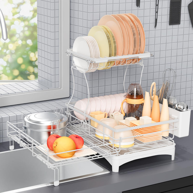 Gtyasm Extendable 2 Tier Dish Drying Rack Drainboard Cutlery Holder White Large