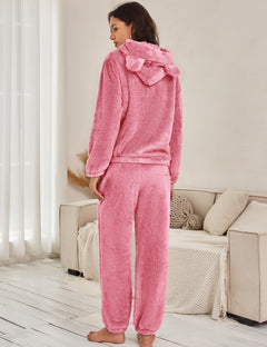Flygo Women's Fluffy Fleece Pajama Set Pullover Hoodie & Pants Pink Size L