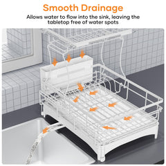 Gtyasm Extendable 2 Tier Dish Drying Rack Drainboard Cutlery Holder White Large