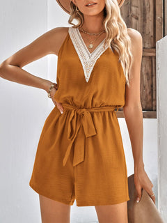 PRETTYGARDEN Women's Sleeveless V Neck Romper Waist Tie Pocket Turmeric Size XL