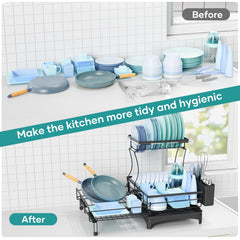 Gtyasm Extendable 2Tier Dish Drying Rack Drainboard & Cutlery Holder Black Large