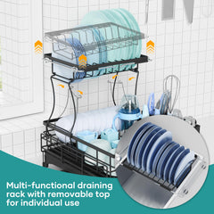 Gtyasm Extendable 2Tier Dish Drying Rack Drainboard & Cutlery Holder Black Large